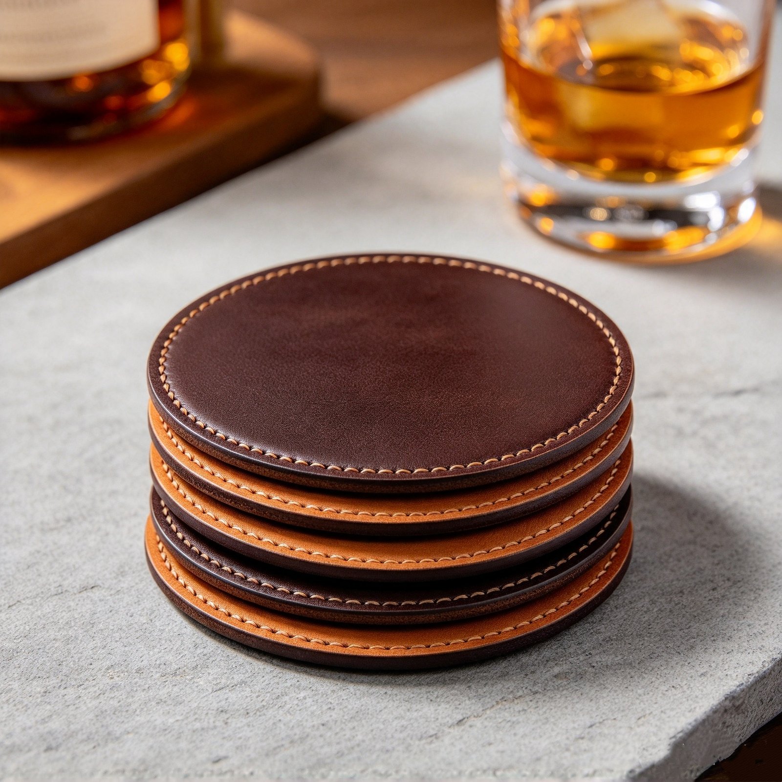 威士忌周边划 (5) (1) Double-Layer Leather Coasters (Set of 4)