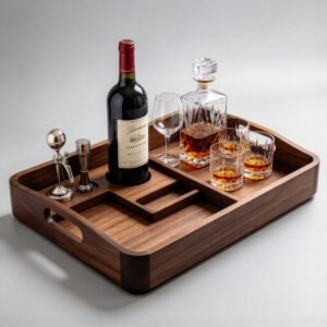 Integrated tabletop display tray for wine bottle and glasses